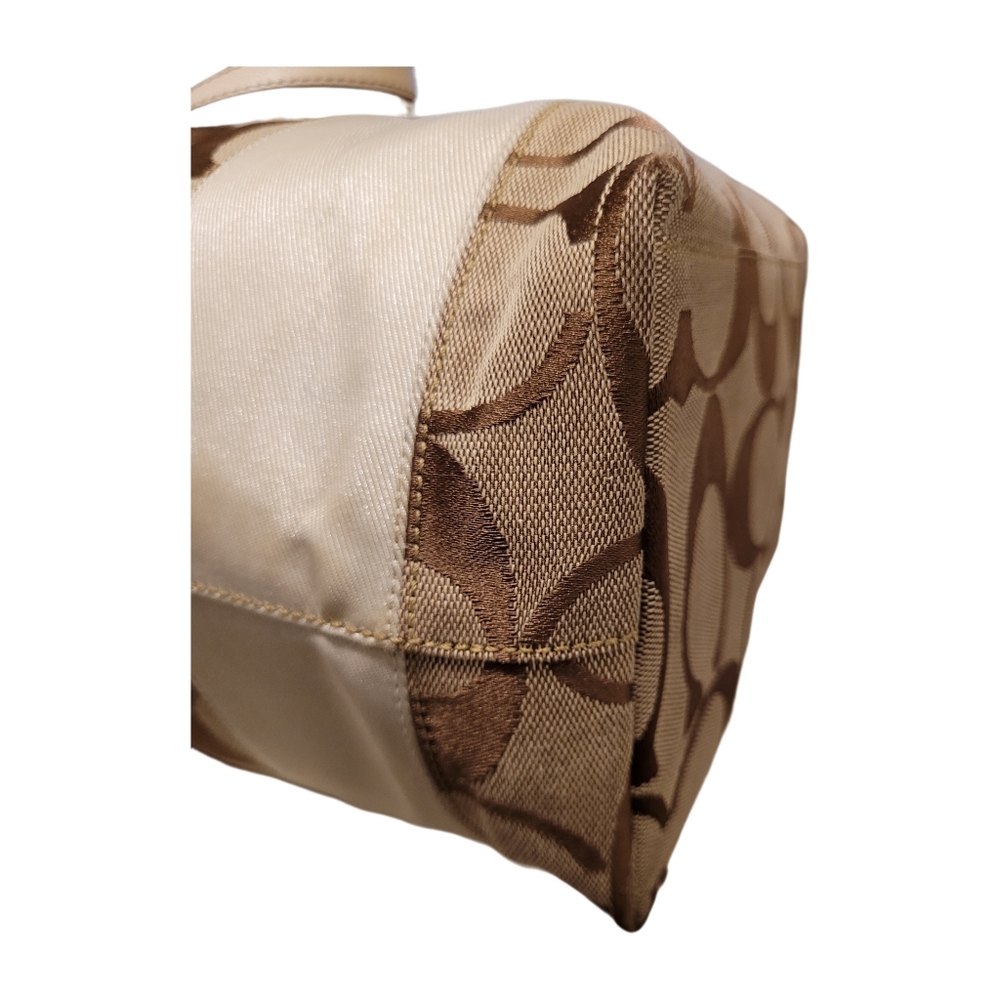 COACH Signature Khakie/Brown Ivory Leather Trimed Tote Shoulder Bag 10125 GUC - Picture 8 of 11